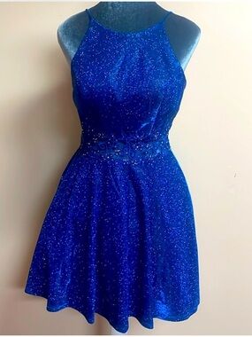 City Vibe 5 Royal Blue Glitter Floral Mesh Waist Homecoming Formal Mini Dress